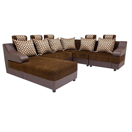 Woodpecker Lillium Six Seater L-Shaped Sofa (Brown Khadi Pyramid Coffee)