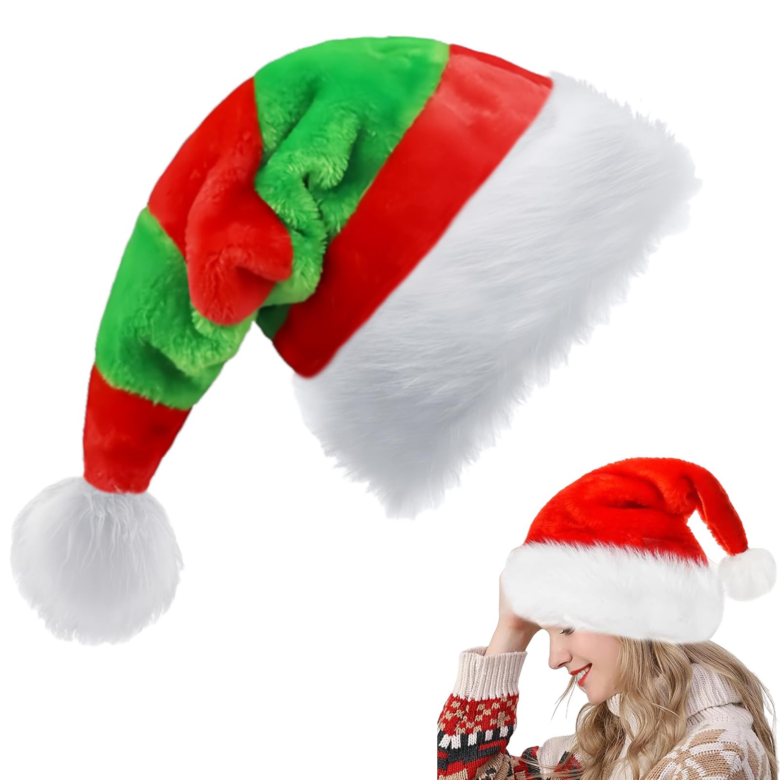Red Green Santa Hat Christmas Hats 31*47cm for Adults,Kids,Thickened Xmas Elf Hat Plush Santa Claus Hat,Unisex Velvet Father Christmas Hat Costume,Christmas Party Hat Cap for Xmas New Year Party Gift