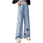 Flyswiner Girls Wide Leg Jeans Denim Elastic Wasit Baggy Ripped Distressed Pants