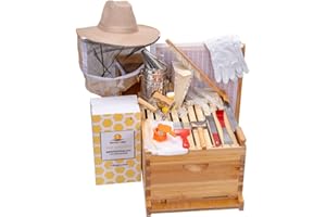 Honey Lake 10 Frame Beehive Starter Kit and Beekeeping Supplies Tool Kit, Beeswax Coated Assembled Deep Bee Box, Bee Hive Starter Kit with Beehive Frames & Bee Smoker and Beekeeping Hat with Veil