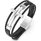 COOLSTEELANDBEYOND Men's Multi Strand Leather Cross Bracelet, Stainless Steel Religious Symbol Bangle, Christian Faith Jewelry, Bold Braided Spiritual Accessory, Gift for Him
