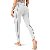 Fisoew Women's High Waisted Yoga Leggings Striped Seamless Butt Liftting Stretchy Running Gym Workout Pants White
