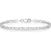 BRIJEWNES 925 Sterling Silver Clasp 4mm Mariner Chain Bracelet for Men Women Solid Diamond Cut Mens Bracelet Chain Bracelets for Women Jewelry Women Mens Gifts