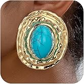 Turquoise Chunky Gold Large Oval Hammered Pleated Stud Earrings for Women, Vintage Oversized Big Red Black Earring Y2K Western Cow Jewelry Accessories
