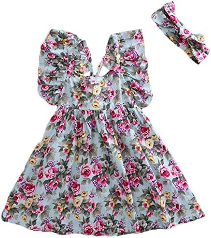 Baby Girls' Princess Floral Lotus Swing Dress Skirt Sundress Outfit With Headband (5-6year, Green)