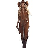 Womens Sleeveless Fringe Jumpsuit Faux Suede Bodycon Romper Western Style Bodysuit, M