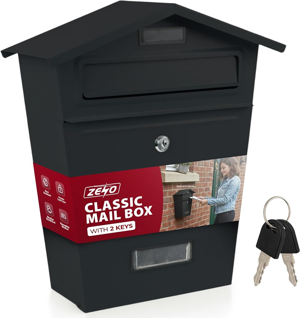 ZENO Post Box Wall Mounted Waterproof Large Outdoor Mailbox Lockable Black