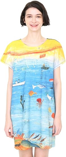 Amazon グラニフ Graniph コラボレーション ワンピース たいようオルガン海 荒井良二 ブルー レディース Lady F G112 おそろいコーデ G112 ワンピース チュニック 通販