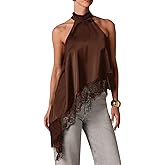 Women Y2k Mock Neck Halter Top Satin Lace Asymmetrical Hem Tank Tops Sleeveless Elegant Going Out Crop Top