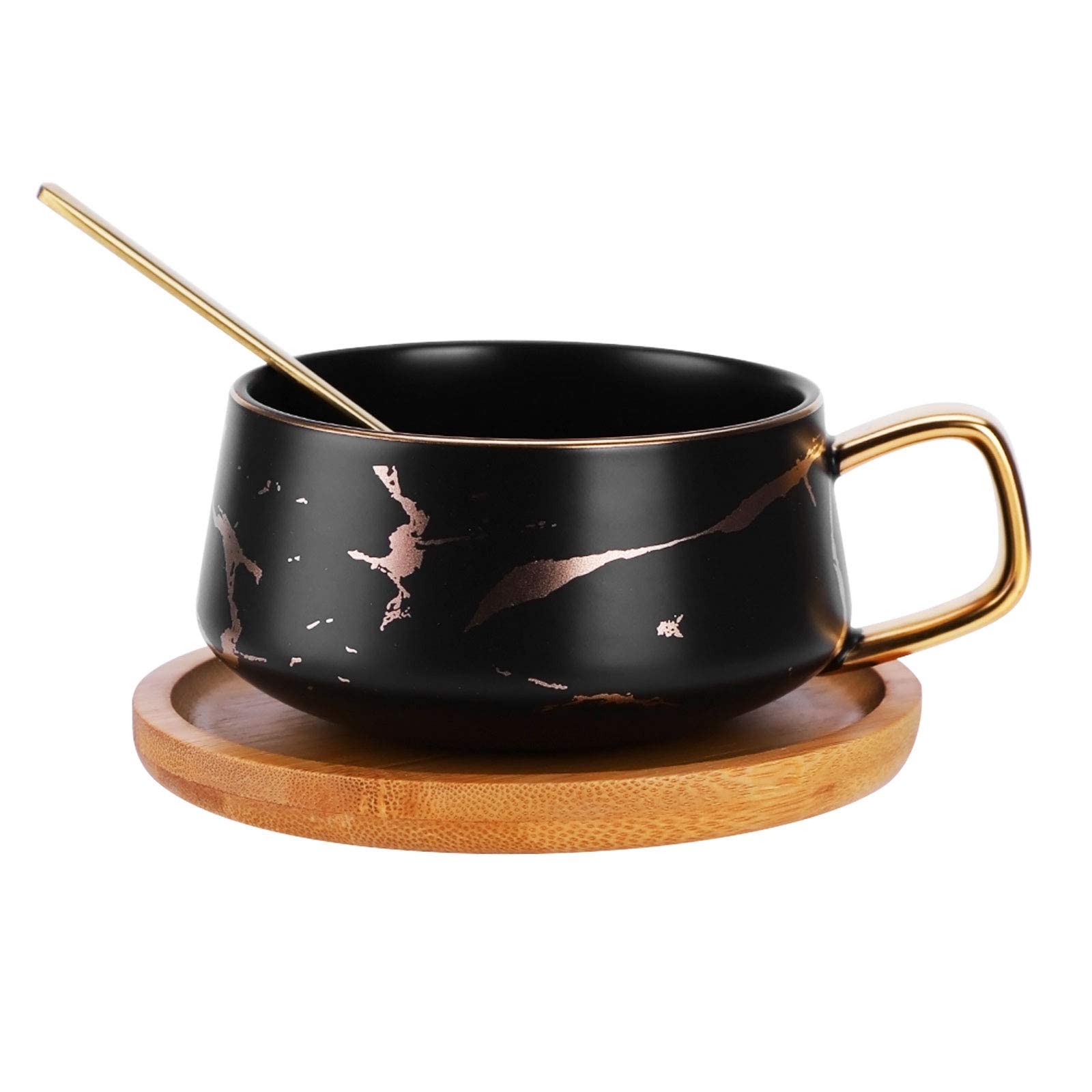 RUIOMII Marble Coffee Cup Porcelain Mug with Spoon Creative Ceramic Cup Saucer for Valentine's Day Mother's Day Gift 300ml Black