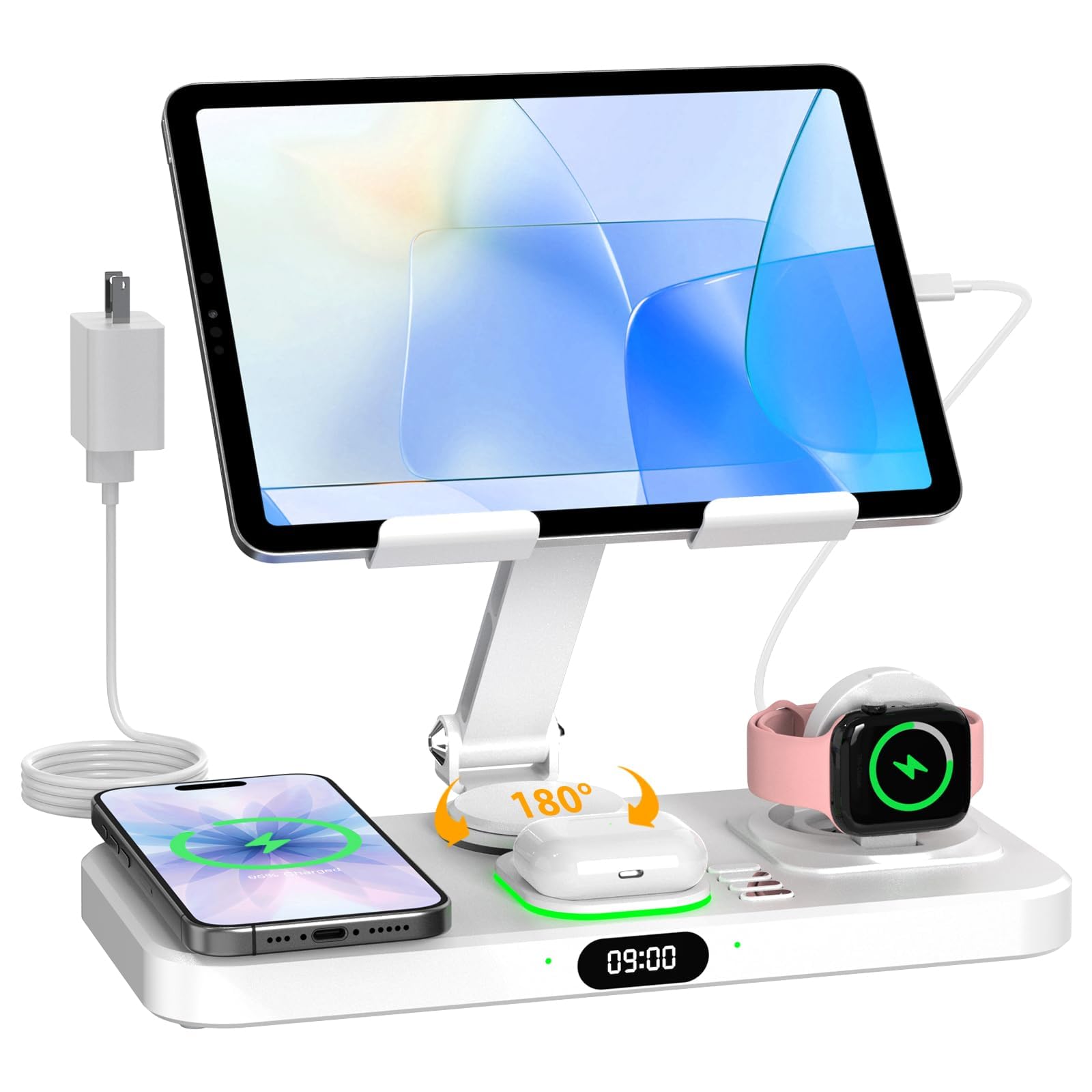 30W Charging Station for Apple Products, Foldable Wireless Charger with Clock Display&7 Color Light, Wired Charging for iPad/Tablet Charging Station for iPhone16, for Apple Watch10 for AirPods4(Cream