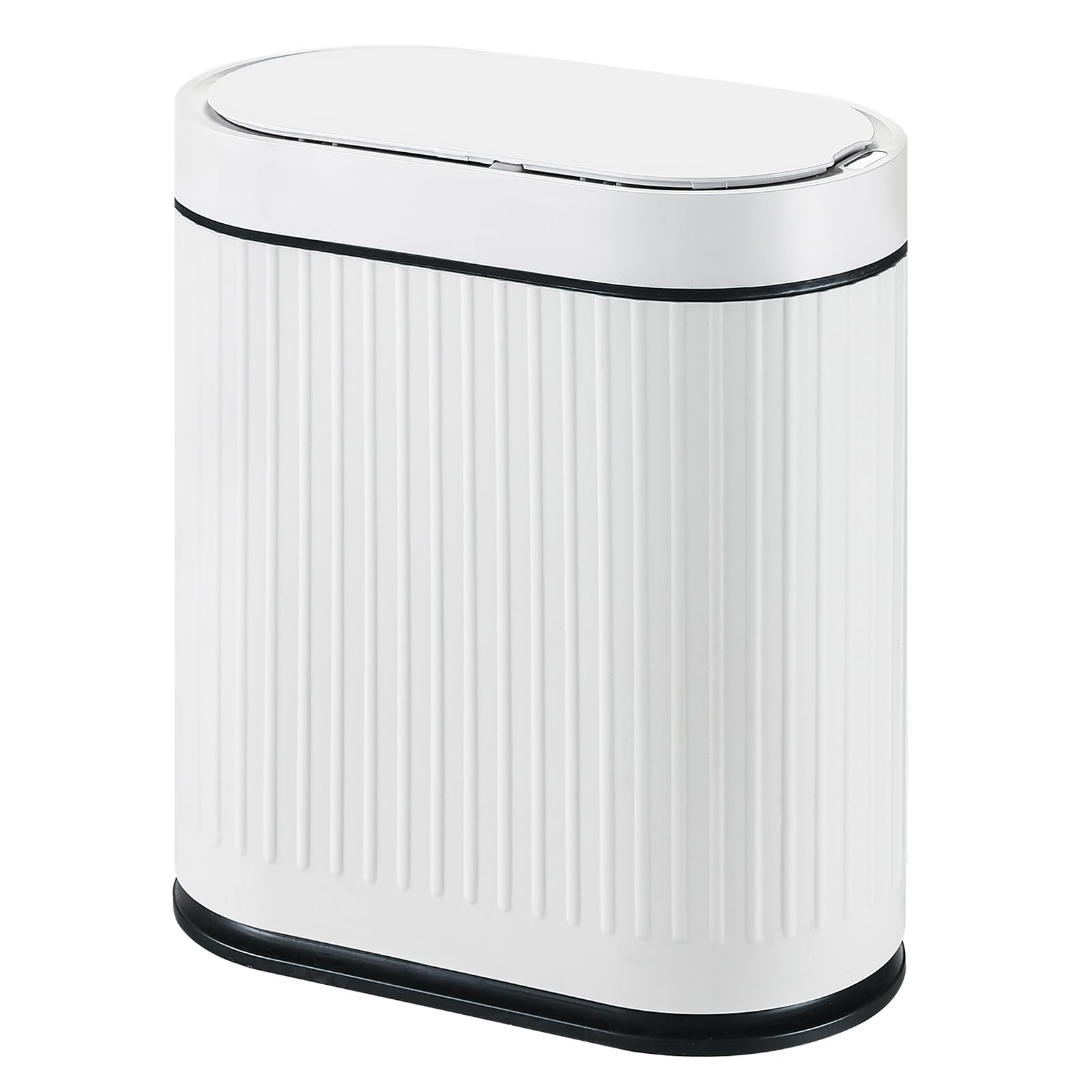 Photo 1 of ELPHECO Bathroom Trash Can with Lid 2 Gallon Motion Sensor Garbage Can 7.5 Liter Small Trash can Touchless Bathroom Decor Waterproof Smart Waste Bin with Stripes for Bedroom, Office (White-Black)