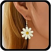 Allereyae Boho White Flower Earrings Daisy Flower Drop Earrings Small Daisy Earrings Enamel Floral Earrings Sunflower Dangle Earrings Jewelry for Women