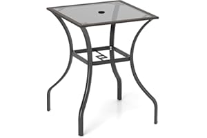 Tangkula Patio Bar Table with Umbrella Hole, All Weather 37 Inches Height Heavy Duty Outdoor Square Glass Top Table, for Garden Balcony Poolside and Lawn, Mix Brown