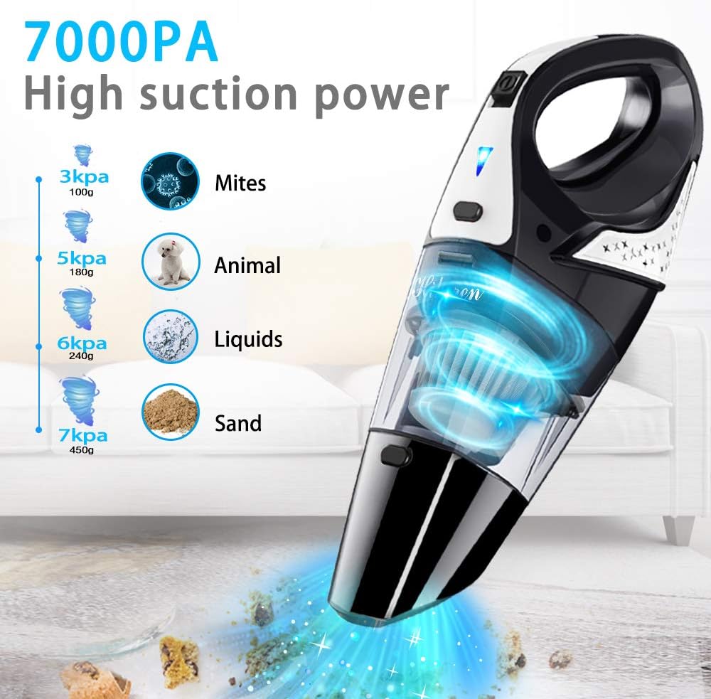 Handheld Vacuum, Hikeren 7Kpa Powerful Suction Wet & Dry Vacuum Cleaner, Handheld Vacuum Cordless with Quick Tech, Rechargeable Portable Handheld Vac with Stainless Steel HEPA Filter, Black -