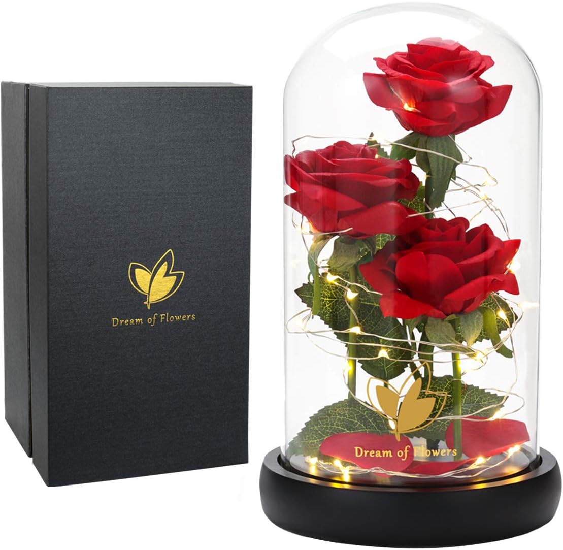 Dried & Preserved Flora - Beauty and The Beast Rose flowers, 40 LED Lights in Glass Dome on Wood Base, Warm Light mode, Fallen Red Petals, Multi Use for Home/Office or Home Decorations, Mother’s Day Gifts for Women