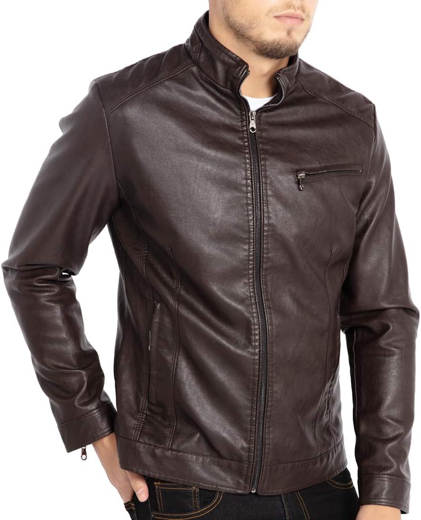 Men's Stand Collar Leather Jacket Motorcycle Lightweight Faux Leather Outwear