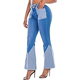 THUNDER STAR Women Patchwork Flare Jeans Stretch High Waisted Bell Bottom Raw Hem Denim Pants