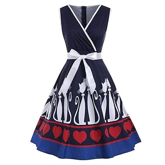 XuxMim Damenmode Damen Vintage Cat and Love Print Schulterfrei A Line Swing Dress