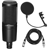 Audio-Technica AT2020 Cardioid Condenser Microphone, Bundle With H&amp;A Pop Filter, XLR M to F Cable 10'
