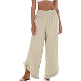 CUPSHE Women Pants Smocked Waist Straight Leg Ruffle Cuffs Loose Fit Pant Casual Beach