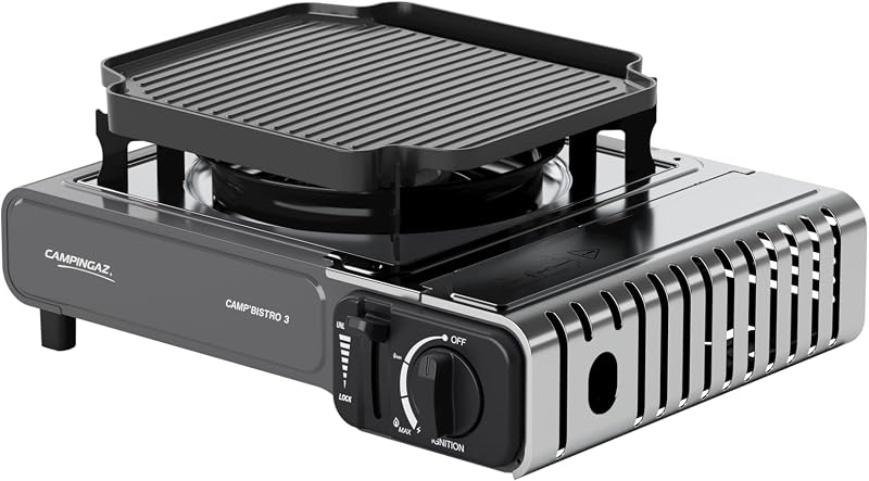 Campingaz Camp Bistro 3 Fogão Combo & Griddle | Fogão de campismo de 1 bico | 2200 watts | Cozinha exterior portátil compacta | Inclui estojo de transporte para facilitar o transporte