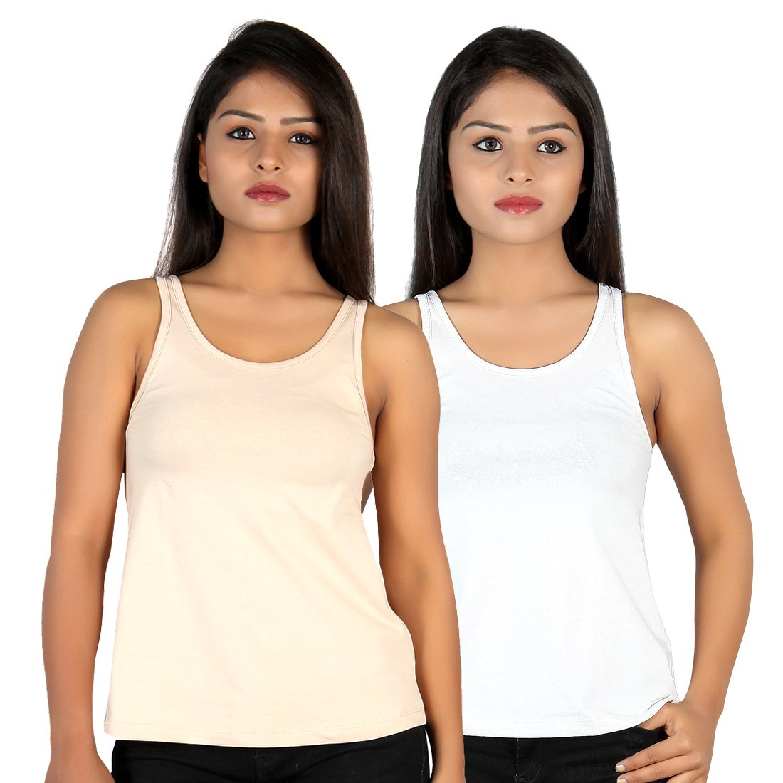 letizia women's cotton a-line tank top pack of 2 (white & beige)
