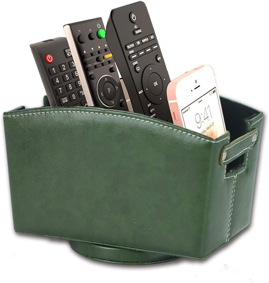 LIZIMANDU Designs TV Remote Control Holder,PU Leather Caddy Bedside Organizer Office Supplies | Nightstand Storage Desk Accessories | Rotating Base Faux Leather Multiple Compartments (Blackish Green)