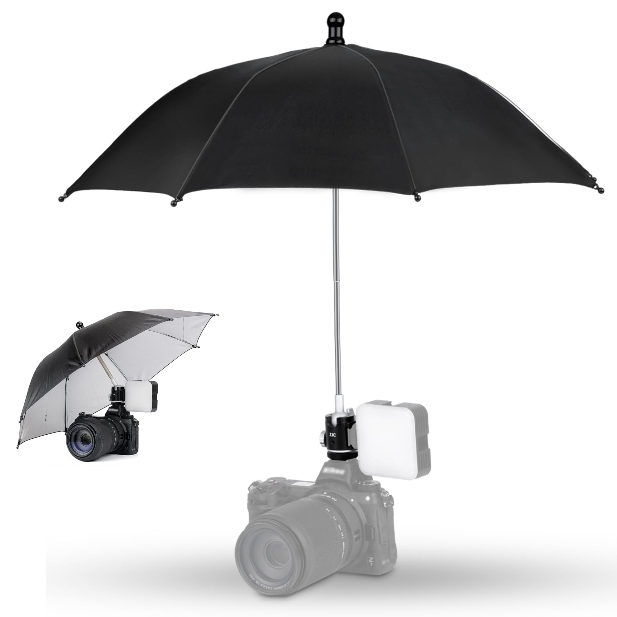 Camera Umbrella Hot Shoe with 360° Rotation Ball Head & Side Cold Shoe, Portable Weatherproof Photographic Umbrellas Protects Camcorder from Rain Snow Sunlight, Comes with Waterproof Drawstring Pouch
