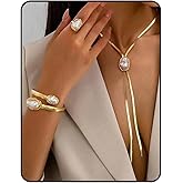 Mayvary Baroque Pearl Jewelry Set for Women,3PCS Gold Long Herringbone Necklace Bracelet Ring Pearl Set Elegant Vintage Adjustable Trendy Jewelry Gift