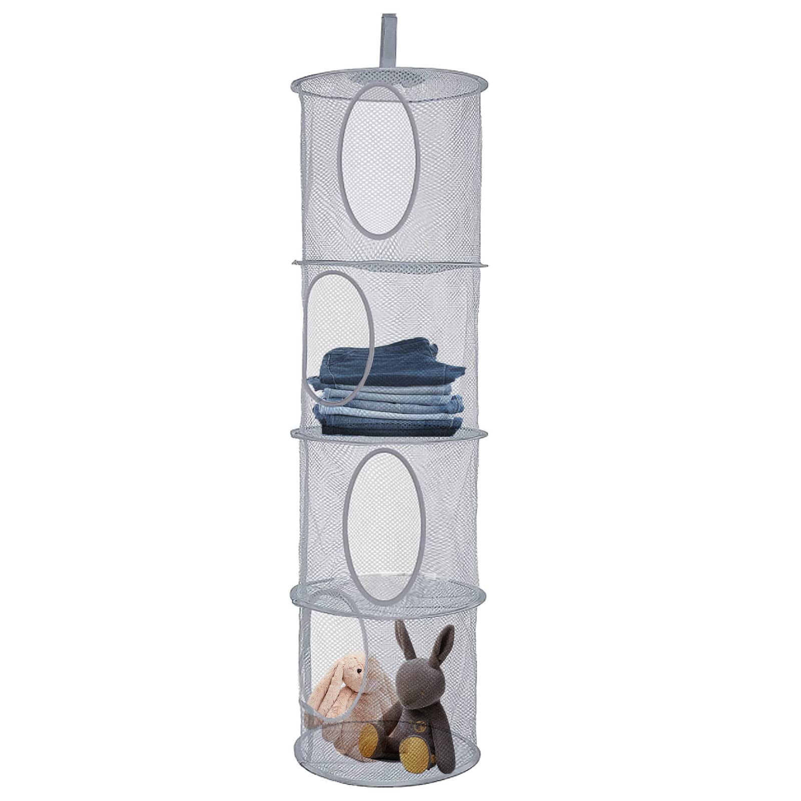 Hanging Mesh Storage Net, 4 Tier Compartments Foldable Hanging Soft Toy Storage Basket Mesh Storage Bag, Space Saving Organizer for Toys Clothes Sundries (Gray)