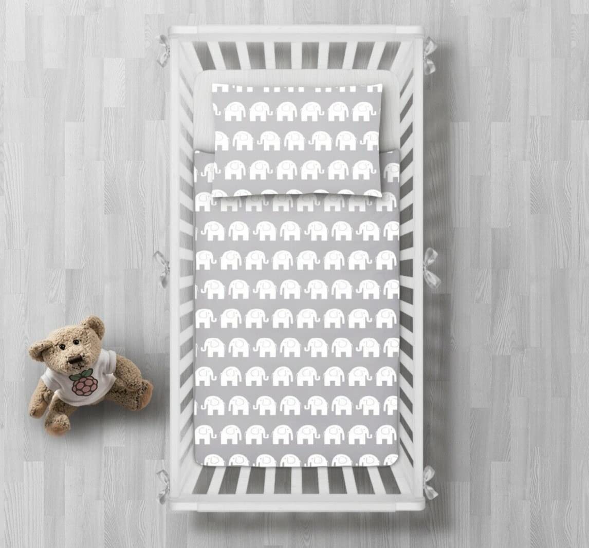 Babymam BABY BEDDING SET PILLOWCASE + DUVET COVER 2PC TO FIT JUNIOR BED (Elephants grey)