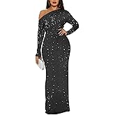 Leeskoot Formal Dresses for Women Sequin One Shoulder Long Sleeve Prom Dress Bodycon Elegant Party Evening Gown