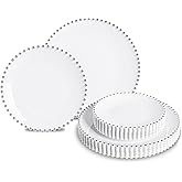 HOMIP 50PCS Fancy Disposable Dinnerware Party Set, Elegant Plates Include 25Pcs Dinner Plate 10", 25Pcs Dessert Plate 7" with Silver Bead Rimed,Plastic Silverware for Wedding Birthday Party