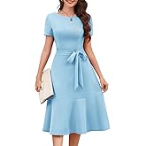 Bbonlinedress Womens Short Sleeve Wedding Guest Dresses Cocktail Vintage Party Church Formal A-Line Midi Dress Blue S