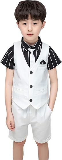 Costume Enfant Garçon Mariage 4 Pièces Gilet Chemise Short Cravate Ensemble De Vêtement Tenue Pour Soirée Cérémonie