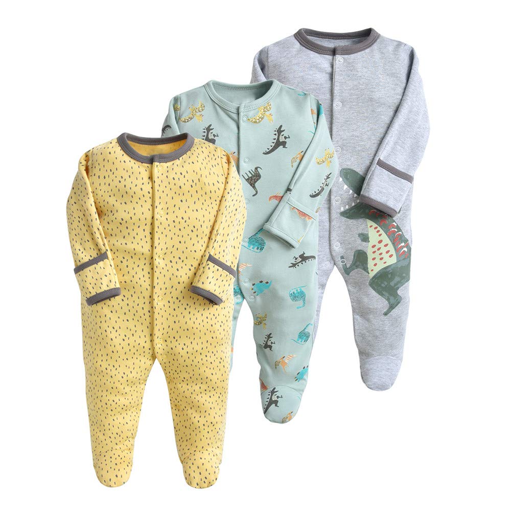 Minizone Baby Romper 3PCS, Long Sleeve Romper with Footies Cotton Onesie Jumpsuit 0-3 Months, Grey Dinosaur