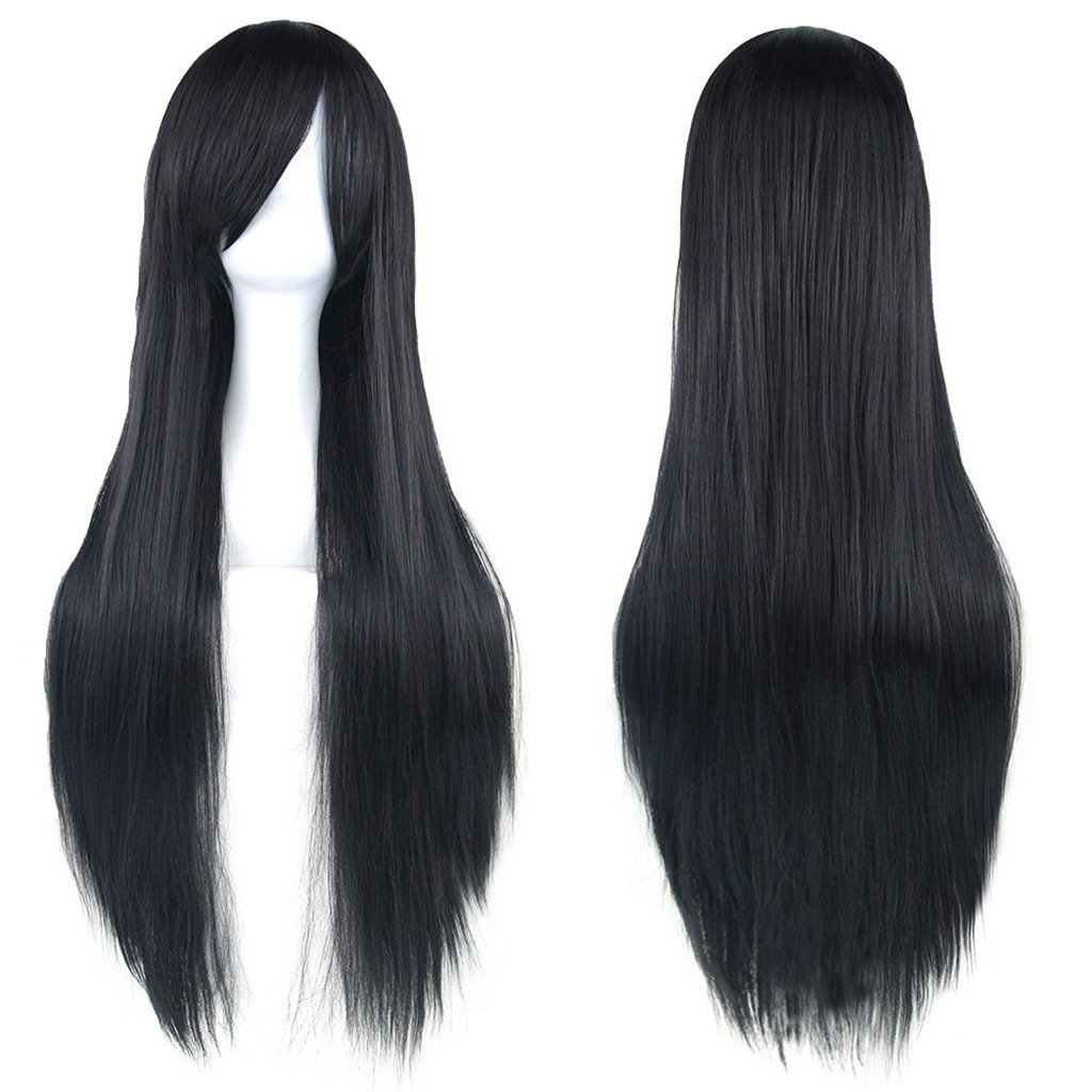 Fouriding 32" Black Women's Long Straight Full Wigs Costume Synthetic Hair Hairpieces with Oblique Bangs for Halloween Anime Cosplay Party Girl Women +Wig Cap