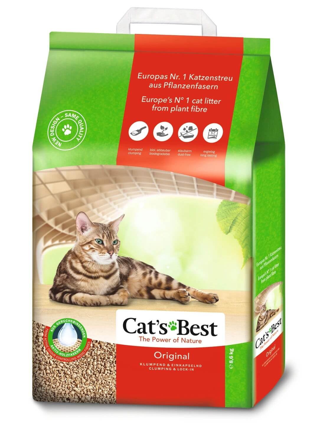 Cat’s Best Original Katzenstreu, 100% pflanzliches Katzenklumpstreu mit maximaler Saugfähigkeit – bekämpft Gerüche natürlich und aktiv, 8,6 kg/20 l (Verpackung kann variieren)