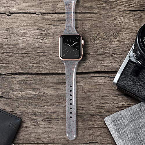 SWEES Sport Band Compatible with Apple Watch 38mm 40mm 42mm 44mm, Shiny Bling Glitter Soft Slim Thin Narrow Small Replacement Silicone Strap Compatible for iWatch Series 5/4/3/2/1, Sport Edition Women