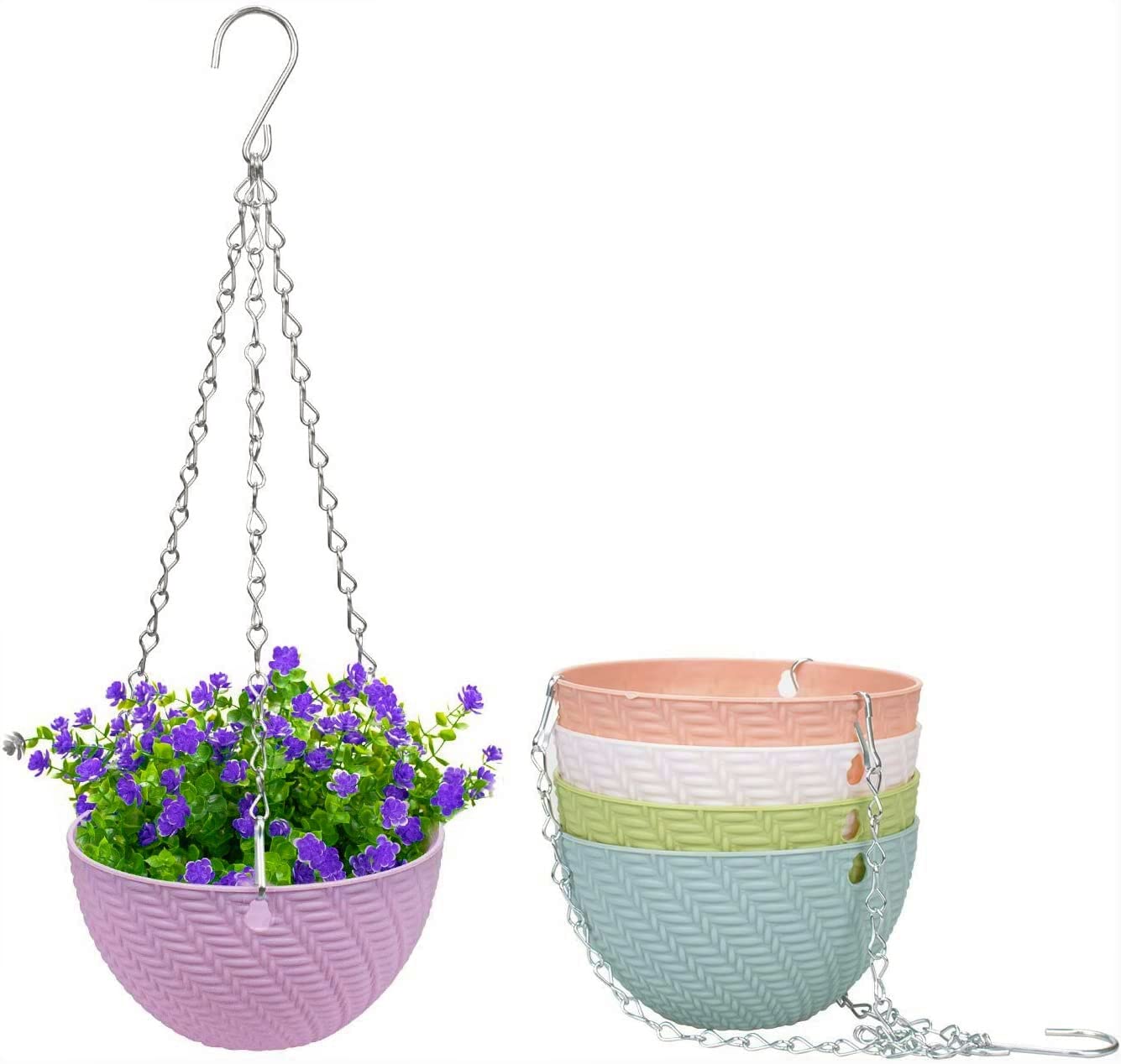 KAHEIGN 5Pcs Plastic Hanging Basket, Hanging Plant Basket Flower Pots Plant Holder Container with Chain Hooks for Plants Flowers Herbs Violets (5 Colors, Weave Pattern)