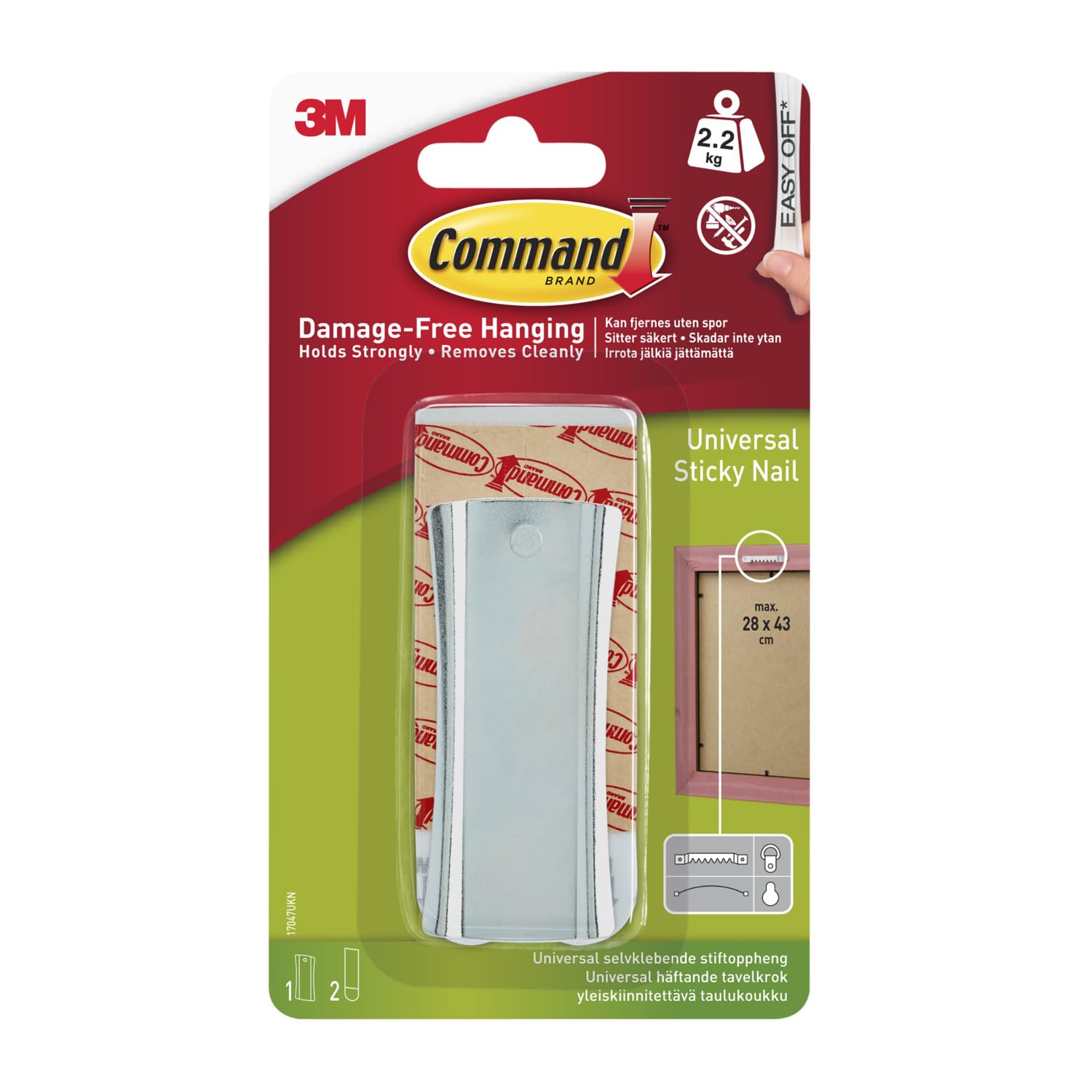 Command Metal Universal Picture Hanger - 1 Hook and 2 Large Adhesive Strips - For Pictures Frames, Mirrors, Wall Decor and Clocks - Damage Free Hanging - Holds up to 2.2 kg