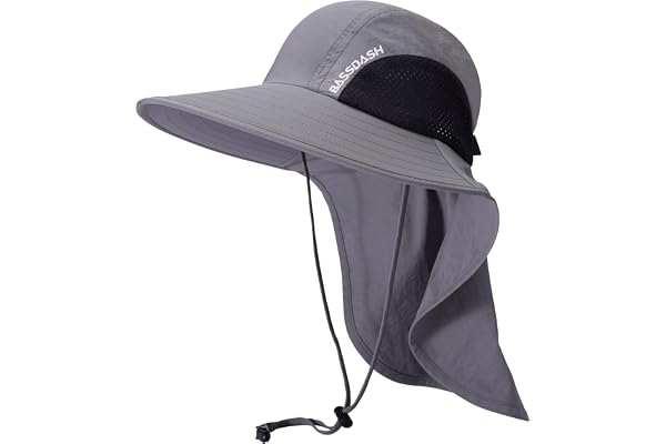 BASSDASH UPF 50+ Unisex Water Resistant Wide Brim Sun Hat with Large Neck Flap Ponytail Fishing Hat for Men Women