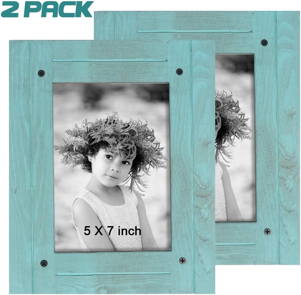TNELTUEB 2 Pack Turquoise Blue Distressed Wood Frame - Rustic Shabby Chic Frame - Ready to Hang - Ready to Stand - with Self-Stand Easel (Display 5 x 7 inch)