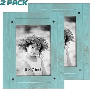 TNELTUEB 2 Pack Turquoise Blue Distressed Wood Frame - Rustic Shabby Chic Frame - Ready to Hang - Ready to Stand - with Self-Stand Easel (Display 5 x 7 inch)