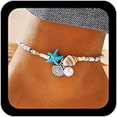 Jugielu Boho Starfish Beaded Anklet Bracelet Vintage Conch Pearl Bead Dangle Anklets Summer Beach Beaded Anklet Bracelet Blue Sea Star Foot Chain Jewelry for Women