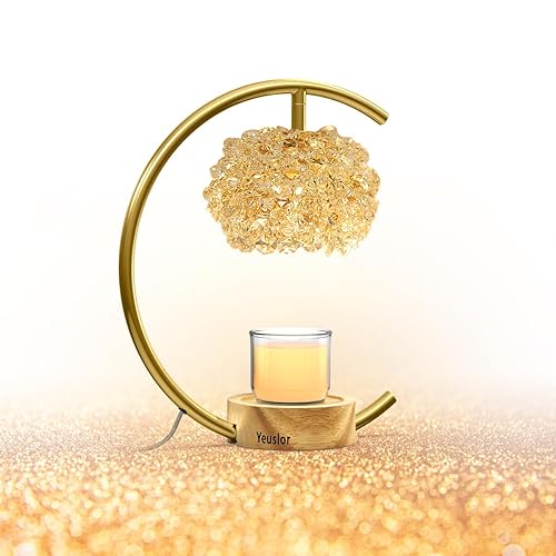 Yeuslor Gold Candle Warmer Lamp for Jar Candles with Adjustable Brightness＆Timer，Handcrafted Crystal＆Wooden Base, Luxurious Design,Home Decoration Electric Candle lamp(C-Shaped)