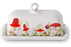DGUDGU Mushroom Butter Dish With Lid For Countertop Ceramic Butterdish Mushroom Kitchen Decoration Cute Butter Holder Covered Red Mushroom Rabbit Painting Butter Container Large Mantequillera Butter Tray