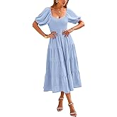 PRETTYGARDEN Women's Spring Dresses 2025 Puff Sleeve V Neck Swiss Dot High Waist Chiffon Dress Tiered Smocked Maxi Dresses