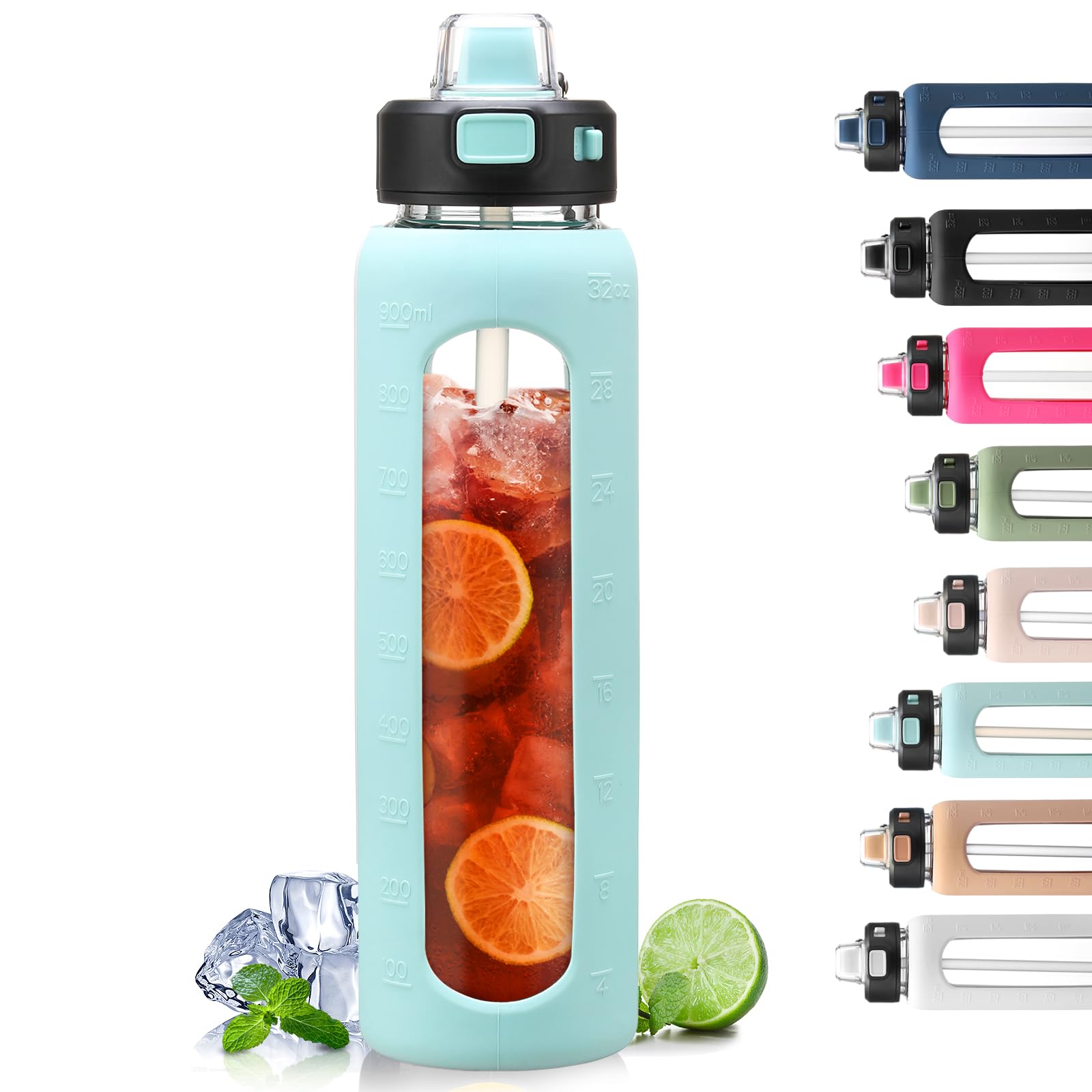 BLUEGO 900ml Glass Water Bottle with Handle and Straw Drinking Hydration Bottle with Silicone Sleeve and Time Marking Motivational Water Bottle for Gym Sports Outdoor Leak-proof,Light Blue